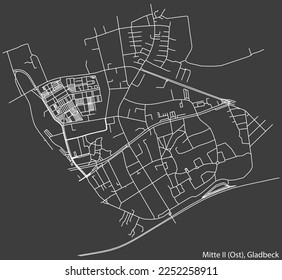 Detailed negative navigation white lines urban street roads map of the MITTE 2 ( OST) DISTRICT of the German town of GLADBECK, Germany on dark gray background