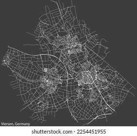 Detailed negative navigation white lines urban street roads map of the German town of VIERSEN, GERMANY on dark gray background