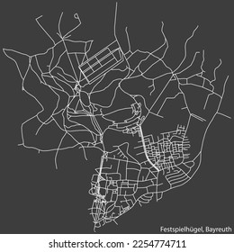Detailed negative navigation white lines urban street roads map of the FESTSPIELHÜGEL DISTRICT of the German town of BAYREUTH, Germany on dark gray background