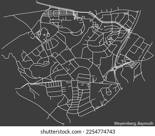 Detailed negative navigation white lines urban street roads map of the MEYERNBERG DISTRICT of the German town of BAYREUTH, Germany on dark gray background
