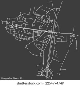 Detaillierte negative Navigationsweißlinien Stadtstraßen Karte des KÖNIGSALLEE DISTRICT der deutschen Stadt BAYREUTH auf dunkelgrauem Hintergrund