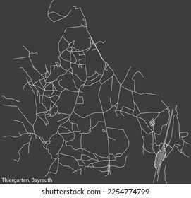 Detailed negative navigation white lines urban street roads map of the THIERGARTEN DISTRICT of the German town of BAYREUTH, Germany on dark gray background