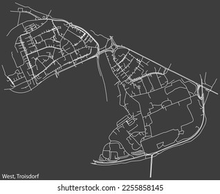 Detailed negative navigation white lines urban street roads map of the WEST DISTRICT of the German town of TROISDORF, Germany on dark gray background