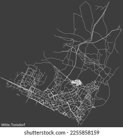 Detailed negative navigation white lines urban street roads map of the MITTE DISTRICT of the German town of TROISDORF, Germany on dark gray background