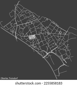 Detailed negative navigation white lines urban street roads map of the OBERLAR DISTRICT of the German town of TROISDORF, Germany on dark gray background