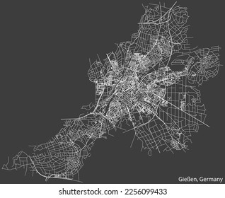 Detailed negative navigation white lines urban street roads map of the German town of GIESSEN, GERMANY on dark gray background