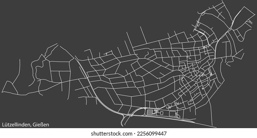 Detailed negative navigation white lines urban street roads map of the LÜTZELLINDEN DISTRICT of the German town of GIESSEN, Germany on dark gray background