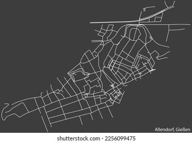 Detailed negative navigation white lines urban street roads map of the ALLENDORF DISTRICT of the German town of GIESSEN, Germany on dark gray background