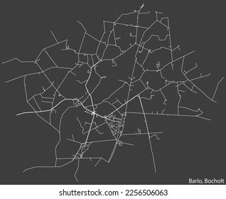 Detailed negative navigation white lines urban street roads map of the BARLO DISTRICT of the German town of BOCHOLT, Germany on dark gray background