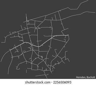 Detailed negative navigation white lines urban street roads map of the HEMDEN DISTRICT of the German town of BOCHOLT, Germany on dark gray background