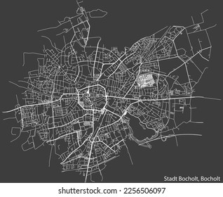 Detailed negative navigation white lines urban street roads map of the STADT BOCHOLT DISTRICT of the German town of BOCHOLT, Germany on dark gray background