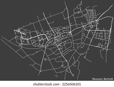 Detailed negative navigation white lines urban street roads map of the MUSSUM DISTRICT of the German town of BOCHOLT, Germany on dark gray background