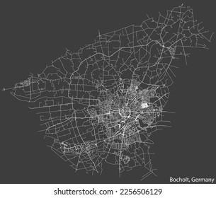 Detailed negative navigation white lines urban street roads map of the German town of BOCHOLT, GERMANY on dark gray background