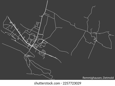 Mapa detallado negativo de las líneas blancas de navegación en las calles urbanas del DISTRITO REMMIGHAUSEN de la ciudad alemana de DETMOLD, Alemania sobre fondo gris oscuro