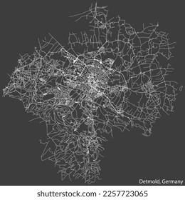 Detailed negative navigation white lines urban street roads map of the German town of DETMOLD, GERMANY on dark gray background