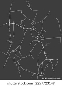 Detailed negative navigation white lines urban street roads map of the BROKHAUSEN DISTRICT of the German town of DETMOLD, Germany on dark gray background