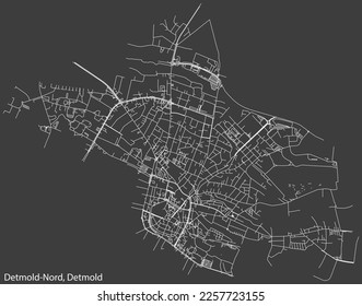 Mapa detallado negativo de líneas blancas de navegación en las calles urbanas del DISTRITO DETMOLD-NORD de la ciudad alemana de DETMOLD, Alemania sobre fondo gris oscuro