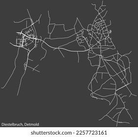 Detailed negative navigation white lines urban street roads map of the DIESTELBRUCH DISTRICT of the German town of DETMOLD, Germany on dark gray background