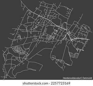 Detailed negative navigation white lines urban street roads map of the HEIDENOLDENDORF DISTRICT of the German town of DETMOLD, Germany on dark gray background