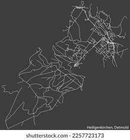 Detailed negative navigation white lines urban street roads map of the HEILIGENKIRCHEN DISTRICT of the German town of DETMOLD, Germany on dark gray background