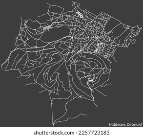 Detailed negative navigation white lines urban street roads map of the HIDDESEN DISTRICT of the German town of DETMOLD, Germany on dark gray background