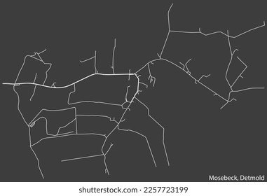Detailed negative navigation white lines urban street roads map of the MOSEBECK DISTRICT of the German town of DETMOLD, Germany on dark gray background
