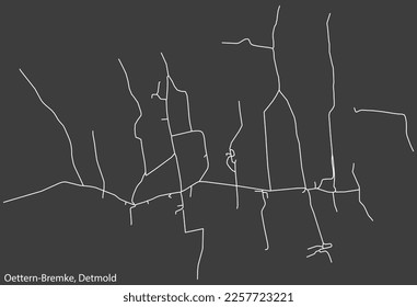 Mapa detallado negativo de las líneas blancas de navegación en las calles urbanas del DISTRITO OETTERN-BREMKE de la ciudad alemana de DETMOLD, Alemania sobre fondo gris oscuro