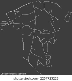 Detailed negative navigation white lines urban street roads map of the OBERSCHÖNHAGEN DISTRICT of the German town of DETMOLD, Germany on dark gray background