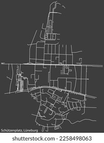Detailed negative navigation white lines urban street roads map of the SCHÜTZENPLATZ DISTRICT of the German town of LÜNEBURG, Germany on dark gray background