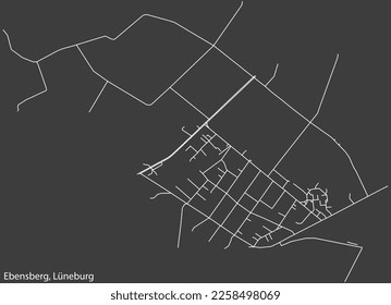 Detailed negative navigation white lines urban street roads map of the EBENSBERG DISTRICT of the German town of LÜNEBURG, Germany on dark gray background