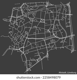 Detailed negative navigation white lines urban street roads map of the ALTSTADT DISTRICT of the German town of LÜNEBURG, Germany on dark gray background