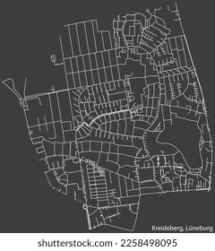 Detailed negative navigation white lines urban street roads map of the KREIDEBERG DISTRICT of the German town of LÜNEBURG, Germany on dark gray background