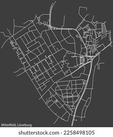 Detailed negative navigation white lines urban street roads map of the MITTELFELD DISTRICT of the German town of LÜNEBURG, Germany on dark gray background