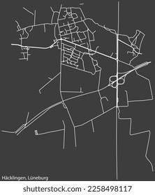 Detailed negative navigation white lines urban street roads map of the HÄCKLINGEN DISTRICT of the German town of LÜNEBURG, Germany on dark gray background