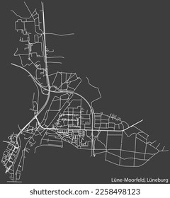 Detailed negative navigation white lines urban street roads map of the LÜNE-MOORFELD DISTRICT of the German town of LÜNEBURG, Germany on dark gray background