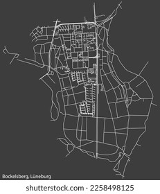Detailed negative navigation white lines urban street roads map of the BOCKELSBERG DISTRICT of the German town of LÜNEBURG, Germany on dark gray background