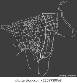 Detailed negative navigation white lines urban street roads map of the LOHBERG BOROUGH of the German town of DINSLAKEN, Germany on dark gray background