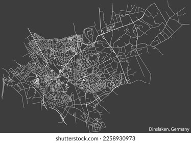 Detailed negative navigation white lines urban street roads map of the German town of DINSLAKEN, GERMANY on dark gray background