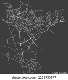 Detailed negative navigation white lines urban street roads map of the HIESFELD BOROUGH of the German town of DINSLAKEN, Germany on dark gray background
