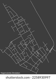 Detailed negative navigation white lines urban street roads map of the HAGENVIERTEL BOROUGH of the German town of DINSLAKEN, Germany on dark gray background