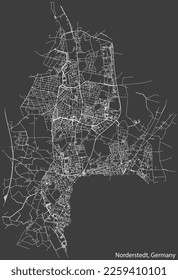 Detailed negative navigation white lines urban street roads map of the German town of NORDERSTEDT, GERMANY on dark gray background