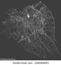 Detailed negative navigation white lines urban street roads map of the German town of BAMBERG, GERMANY on dark gray background