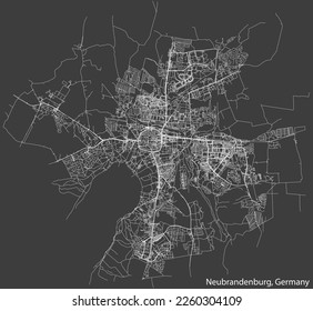 Detailed negative navigation white lines urban street roads map of the German town of NEUBRANDENBURG, GERMANY on dark gray background
