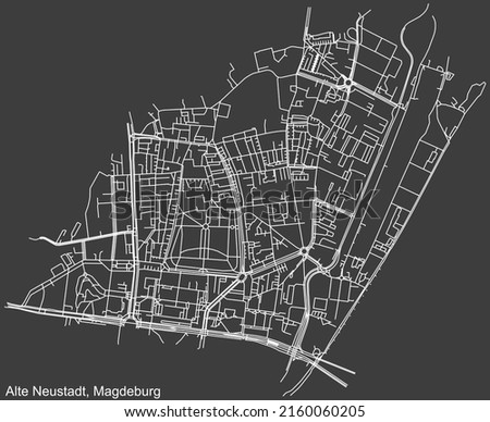 Detailed negative navigation white lines urban street roads map of the ALTE NEUSTADT DISTRICT of the German regional capital city of Magdeburg, Germany on dark gray background