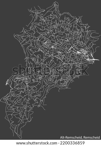 Detailed negative navigation white lines urban street roads map of the  ALT-REMSCHEID QUARTER of the German regional capital city of Remscheid, Germany on dark gray background