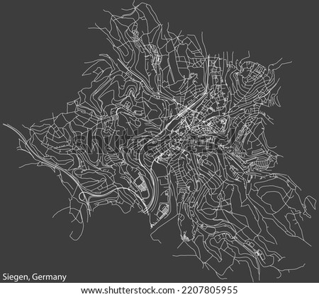 Detailed negative navigation white lines urban street roads map of the ALT-SIEGEN of the German regional capital city of Siegen, Germany on dark gray background