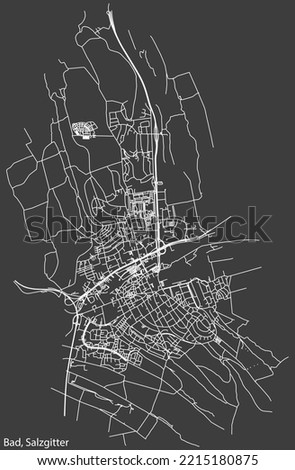 Detailed negative navigation white lines urban street roads map of the SALZGITTER-BAD QUARTER of the German regional capital city of Salzgitter, Germany on dark gray background