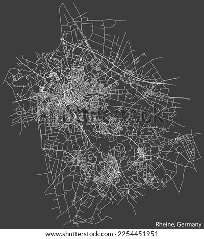 Detailed negative navigation white lines urban street roads map of the German town of RHEINE, GERMANY on dark gray background