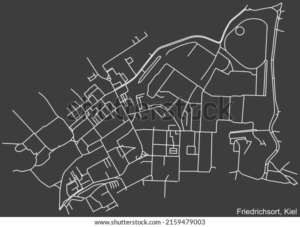Detailed negative\
navigation white lines urban street roads map of the FRIEDRICHSORT\
DISTRICT of the German regional capital city of Kiel, Germany on\
dark gray background