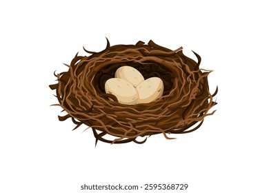 A detailed nest holding three round eggs, crafted from branches and twigs on white background.